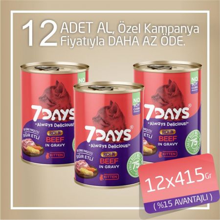 7Days Tahılsız Taze Sığır Etli Soslu Yavru Kedi Konservesi 12x415 Gr