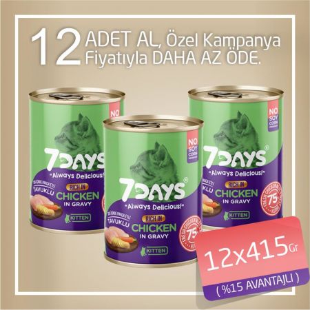 7Days Tahılsız Taze Tavuklu Soslu Yavru Kedi Konservesi 12x415 Gr
