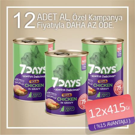 7Days Tahılsız Taze Tavuklu Soslu Yetişkin Kedi Konservesi 12x415 Gr