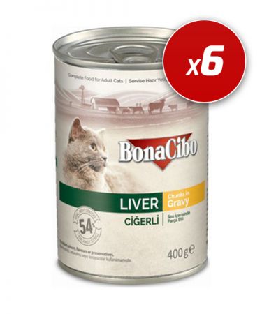 BonaCibo Soslu Ciğerli Yaş Kedi Maması 400 Gr x 6 Adet