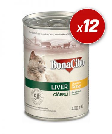 BonaCibo Soslu Ciğerli Yaş Kedi Maması 400 Gr  x 12 Adet