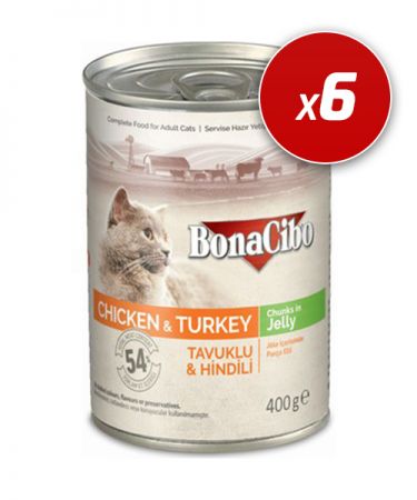 BonaCibo Jöleli Tavuk ve Hindili Yaş Kedi Maması 400 Gr x 6 Adet