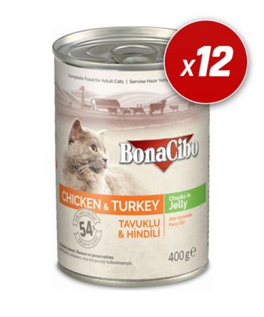 BonaCibo Jöleli Tavuk ve Hindili Yaş Kedi Maması 400 Gr x 12 Adet