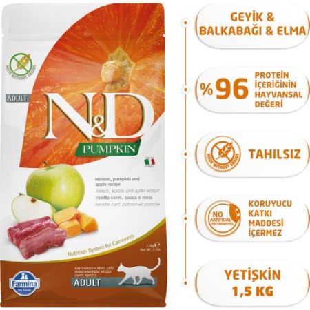N&D Pumpkin Tahılsız Geyik Etli Bal Kabaklı ve Elmalı Yetişkin Kedi Maması 1,5 Kg
