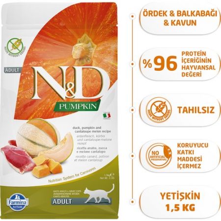 N&D Pumpkin Tahılsız Ördek Etli Bal Kabaklı ve Kavunlu Yetişkin Kedi Maması 1,5 Kg
