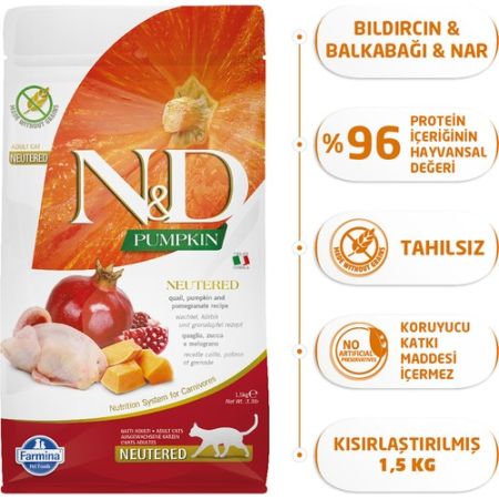 N&D Pumpkin Tahılsız Bıldırcın Etli Bal Kabaklı ve Narlı Kısırlaştırılmış Kedi Maması 1,5 Kg