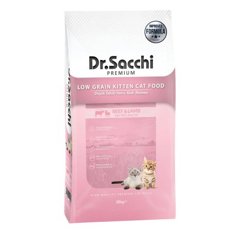 Dr.Sacchi Premium Düşük Tahıllı Sığır Etli ve Kuzu Etli Yavru Kedi Maması 10 Kg