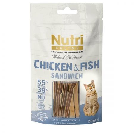 Nutri Feline %55 Okyanus Balıklı ve %39 Tavuk Etli Tahılsız Sandviç Kedi Ödül Maması 50gr