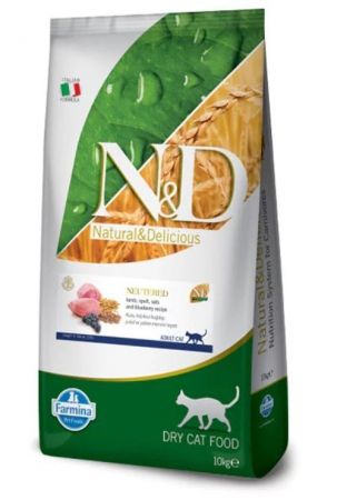 N&D Kuzu Etli ve Yaban Mersinli Düşük Tahıllı Kısırlaştırılmış Kedi Maması 10kg