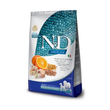 N&D Ocean Düşük Tahıllı Morina Balıklı ve Portakallı Orta ve Büyük Irk Yetişkin Köpek Maması 12 kg