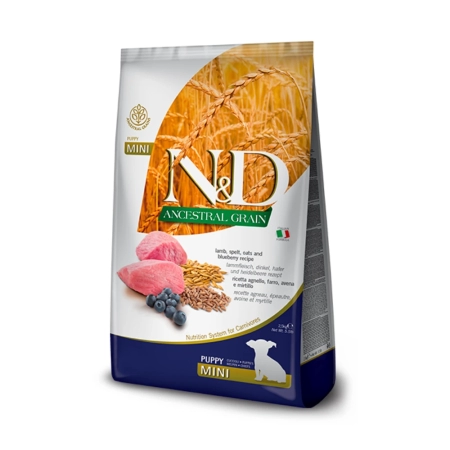 N&D Ancestral Grain Düşük Tahıllı Kuzu Etli, Ata Tahıllı ve Yaban Mersinli Küçük Irk Yavru Köpek Maması 7 kg