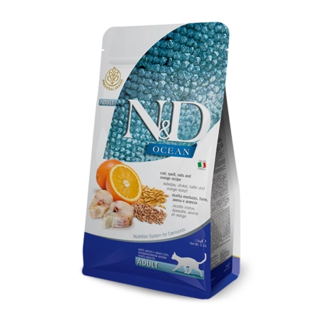 N&D Ocean Düşük Tahıllı Morina Balıklı, Ata Tahıllı ve Portakallı Yetişkin Kedi Maması 5 kg