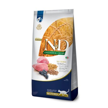 N&D Ancestral Grain Neutered Düşük Tahıllı Kuzu Eti, Kılçıksız Buğday, Yulaf ve Yaban Mersinli Kısırlaştırılmış Yetişkin Kedi Maması 10 kg